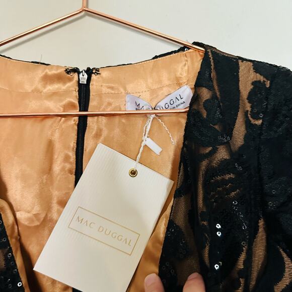 MAC DUGGAL Black Nude Sequin Lace Burnout Embellished A-Line Dress Size 4 NWT - Picture 12 of 16